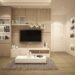 Modern TV room with neutral tones, featuring a large wall-mounted flat-screen TV, sleek white and wood storage cabinets, open shelving with books and décor, and a low white coffee table on a soft gray rug. The clean, minimalist design creates a peaceful, calming living space.