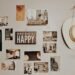 Neutral home wall featuring an inspirational "Do What Makes You Happy" sign, a hanging white hat, and an eclectic arrangement of framed prints and photos, creating a cozy and calming gallery-style décor.