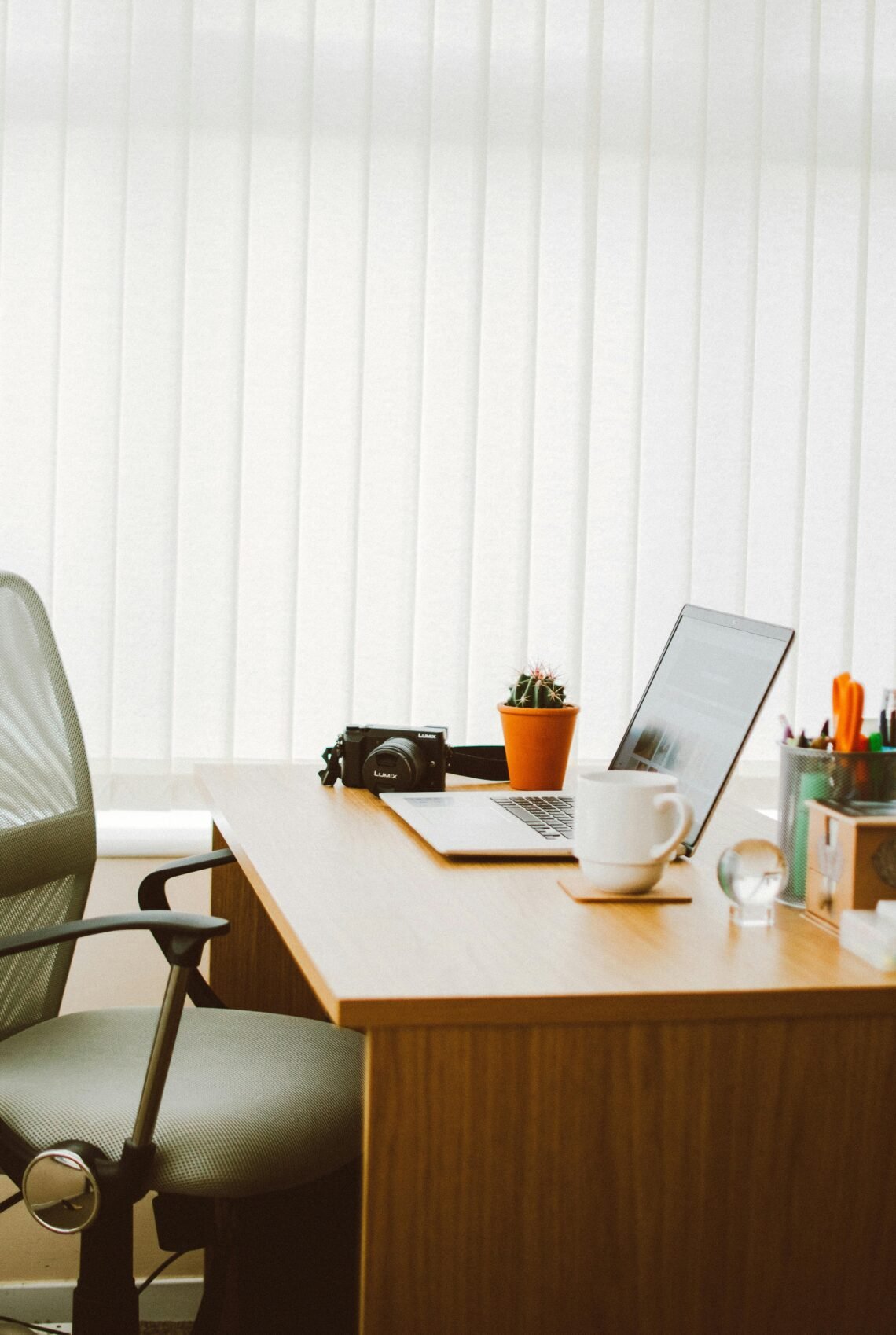 Minimalist home office setup with a wooden desk, laptop, white coffee mug, potted cactus, camera, and organized stationery, evoking calm, focused work-from-home environment.