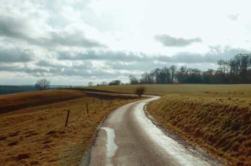 A winding rural road under a partly cloudy sky, surrounded by open fields and distant trees. The scene evokes a sense of journey, freedom, and serene outdoor landscapes.