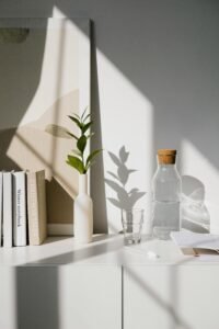 Minimalist bright shelf with books, sunlight streaming in, and a small plant for a calm and serene home décor atmosphere.