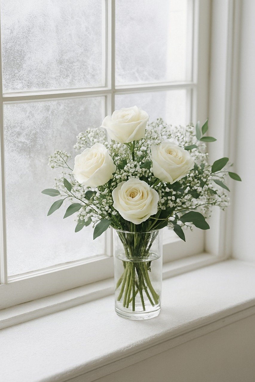 Fresh white roses in a clear glass vase on a windowsill, brightening a cozy home environment and adding elegant natural decor to indoor spaces