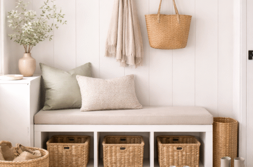 calm mud room upgrades with a neutral entryway bench woven storage baskets simple hooks and soft decor that make coming home feel easier