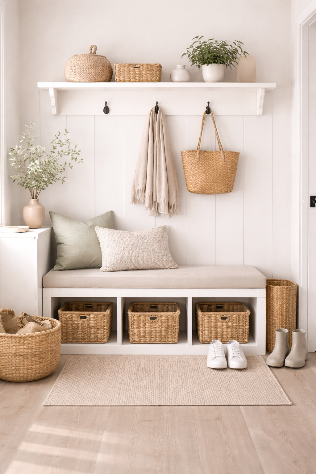 calm mud room upgrades with a neutral entryway bench woven storage baskets simple hooks and soft decor that make coming home feel easier